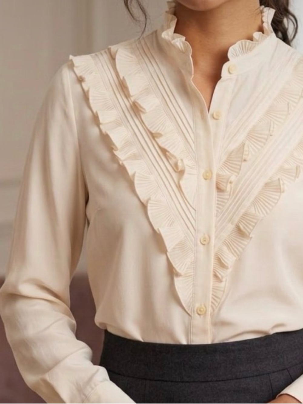Vint Ivory Cream Ruffle Blouse Cottagecore
Romantic Victorian Frilly 1980 Office